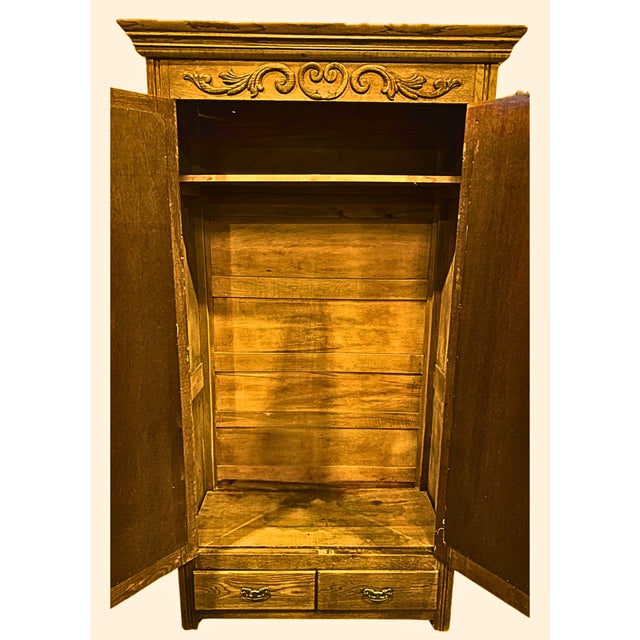 **Antique Oak Wardrobe Armoire**Massive Storage Space**Carved Wood Ornate Hardware** For Sale - Image 4 of 12