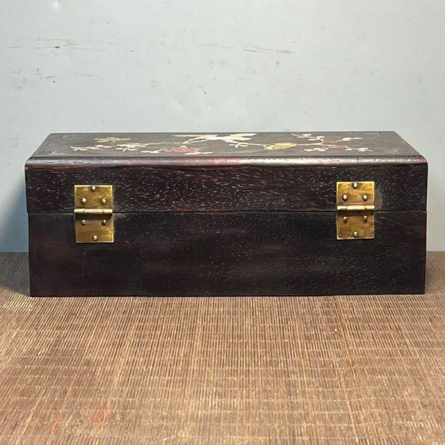 1960s Blackwood Rectangular Storage Box, Mother of Pearl Bird, Peony & Butterfly Inlay, Chinoiserie Keepsake Box For Sale - Image 5 of 9