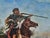 Dynamic oil painting on panel depicts an oriental or Indian rider on horseback in motion, aiming a rifle. The authorship...