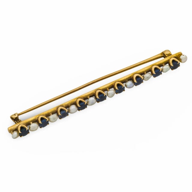 19th Century Victorian Sapphire Pearl 14k Yellow Gold Brooch For Sale In Los Angeles - Image 6 of 6