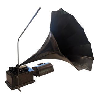 Antique Thomas Edison Phonograph With Black Horn and Music Cylinders For Sale