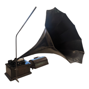 Antique Thomas Edison Phonograph With Black Horn and Music Cylinders