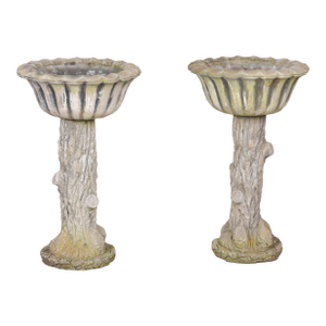 English Stone Faux Tree Trunk Garden Planters - Pair