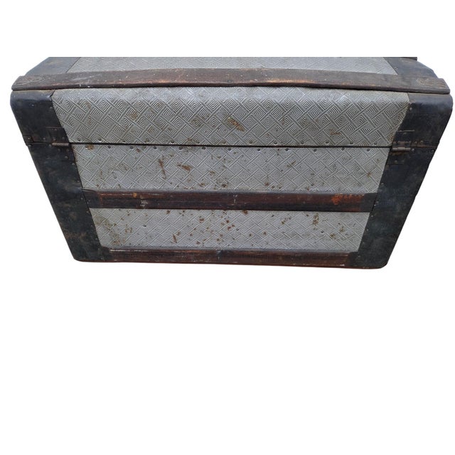 Antique Fitted Embossed Tin Dome Top Humpback Steamer Travel Trunk Chest For Sale - Image 15 of 18