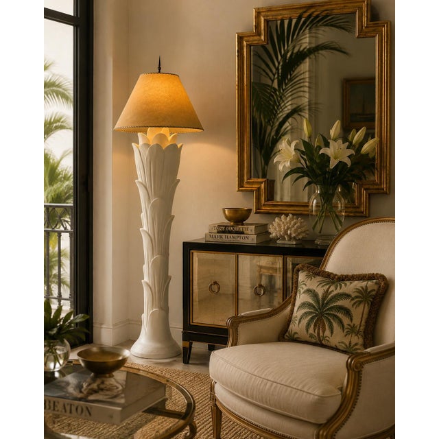 Striking 1988 vintage Palm Beach-style floor lamp featuring a tall sculptural plaster body formed with dramatic...
