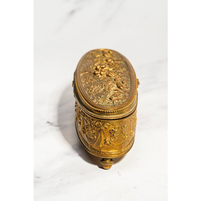 Classy Small Antique French Jewelry Casket Box Gilt Metal Pastoral Relief Trinket Box Made in France Victorian Home Decor For Sale - Image 11 of 14