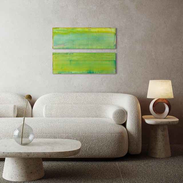 Abstract Rebecca Koury Original "Over & Under" Chartreuse Green Diptych Contemporary Abstract Painting, Acrylic on Canvas/Panel, Carmel California Art, 2023 For Sale - Image 3 of 3
