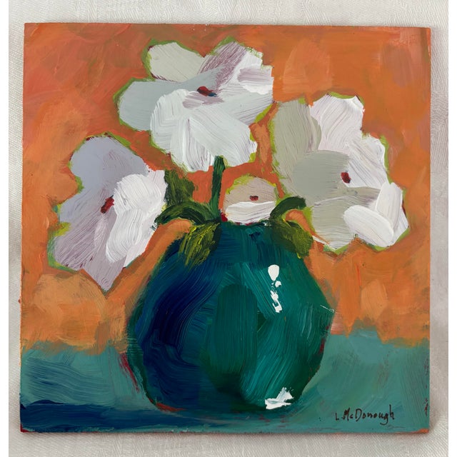 Teal “Emerald Stillness” Original Acrylic Contemporary Expressionism Still Life Floral by Linda McDonough For Sale - Image 8 of 11