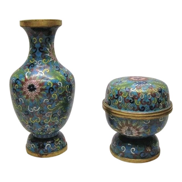 Mid 19th Century Chinese Cloisonne 'Lotus' Vase and Covered Stem Cup - 2 Pieces For Sale