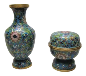 Mid 19th Century Chinese Cloisonne 'Lotus' Vase and Covered Stem Cup - 2 Pieces