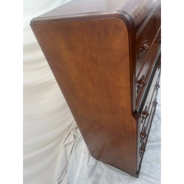 Brown French Art Deco Dresser Five Drawers Bakelite Brass Pulls Satin Waterfall Top For Sale - Image 8 of 12