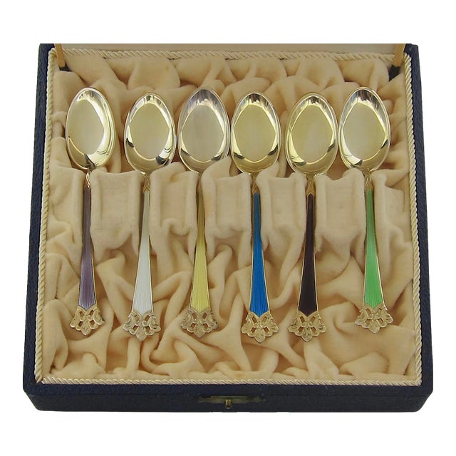 Sterling Silver Gilt and Enamel Spoon Set From Theodor Olsens of Norway For Sale