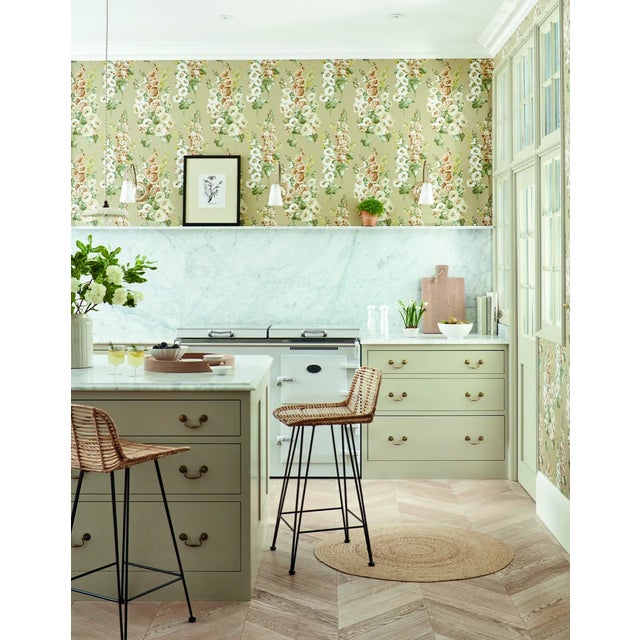 Traditional Sanderson Hollyhocks Wallpaper in Gold Metallic/Tan For Sale - Image 3 of 5