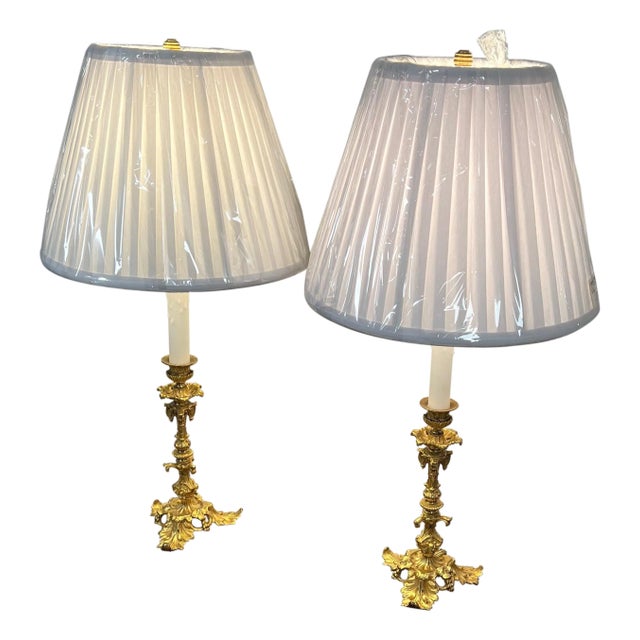Pair of Ormolu Candlestick Form Lamps, 19th Century with Pleated Shades For Sale