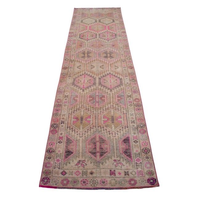 Textile Vintage Turkish Hand-Knotted Runner Rug Pink Hallway Kitchen Decor - 2′9″ × 10′ For Sale - Image 7 of 17