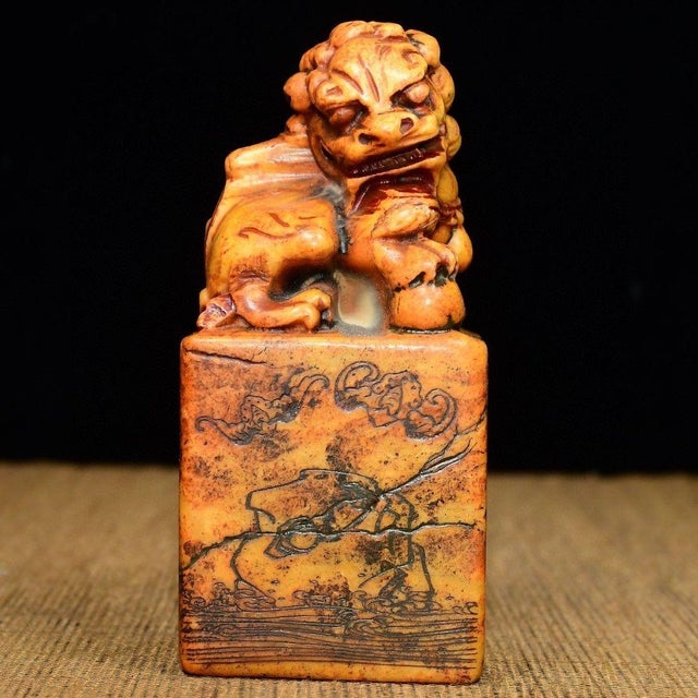 Amber Vintage Shoushan Stone Seal With Carved Mythical Beast (Pixiu) Finial For Sale - Image 8 of 8