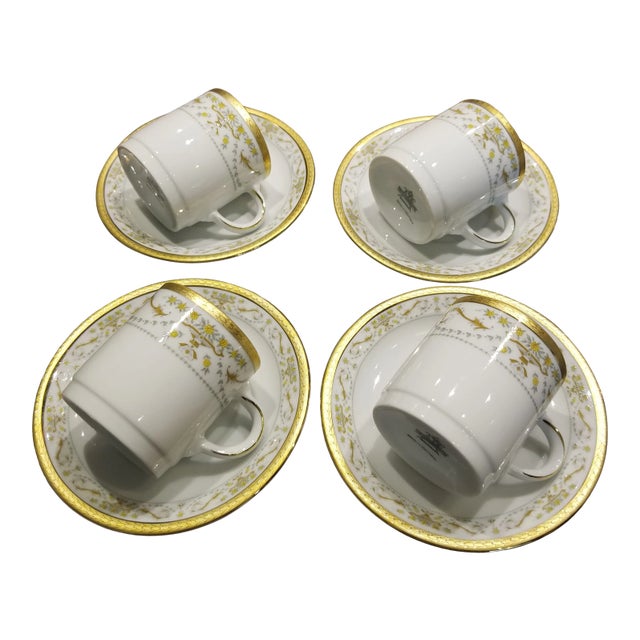 Set of Four Demitasse Cups and Saucers With Gold Rims For Sale