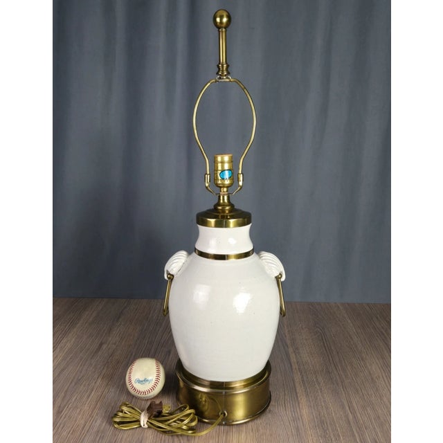 1990s Vintage Hart & Associates Brass & White Pottery Table Lamp W Sea Shell Handles For Sale - Image 5 of 13