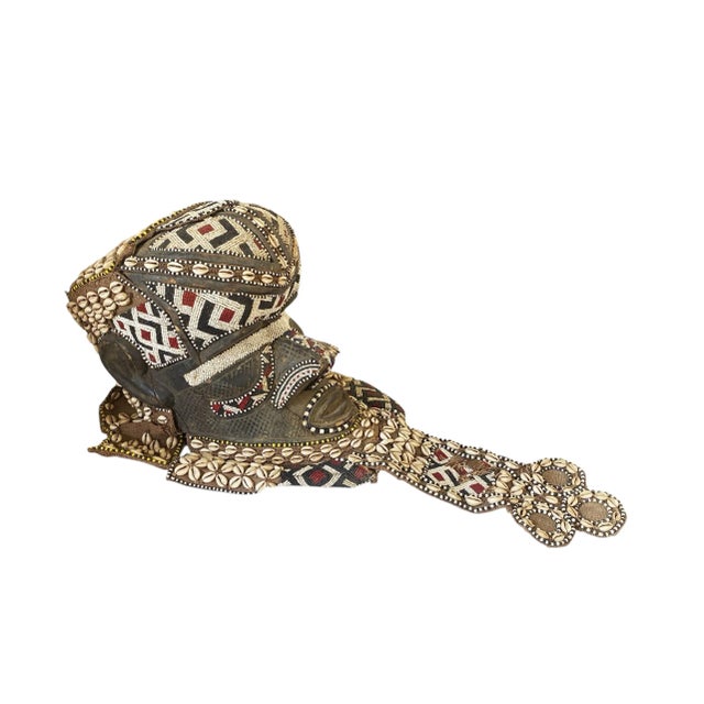 African Vintage Large African Tribal Beaded Kuba Royal Head Mask/Helmet Sculpture Congo 11" H For Sale - Image 3 of 12
