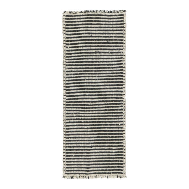 Rug & Kilim’s Accent Runner Kilim in Textural Black and White Stripes For Sale