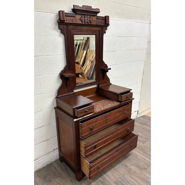 Antique Victorian Eastlake Walnut Dresser With Swivel Mirror and Marble Inlay For Sale - Image 4 of 14