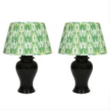 Pair Black Ceramic Urn Lamps With Wood Base For Sale