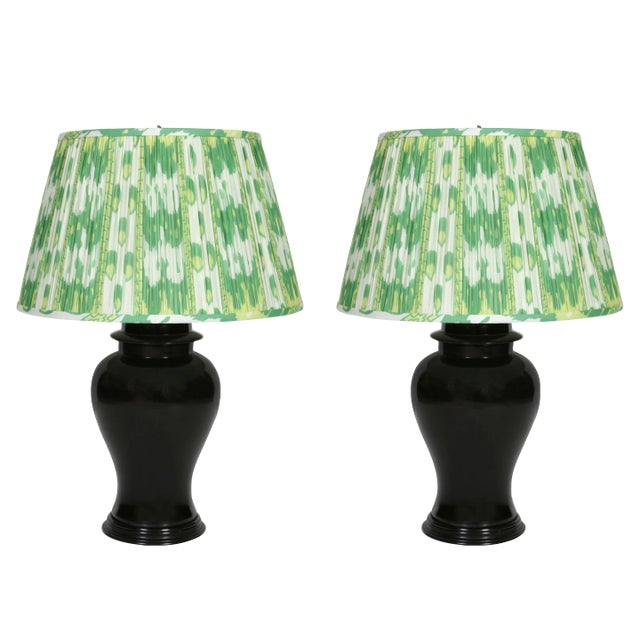 Pair Black Ceramic Urn Lamps With Wood Base For Sale