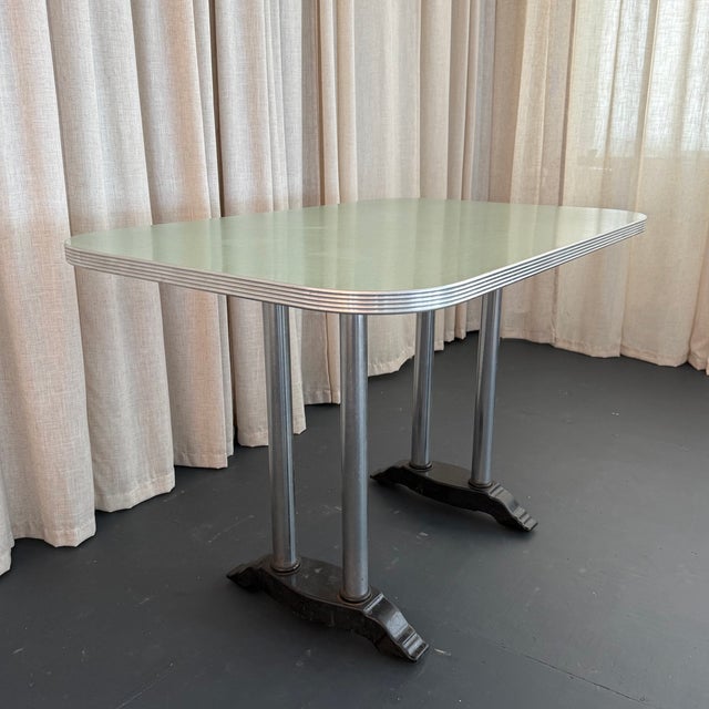 Mid-Century Modern Mid 20th Century Art Deco Revival Sage Green Dinette Pedestal Dining Table For Sale - Image 3 of 8