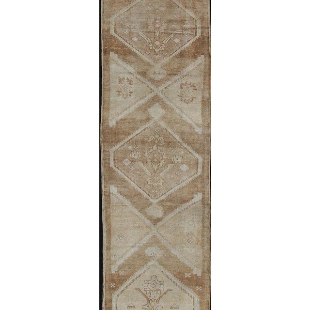 Vintage Turkish Oushak Runner Neutral and Warm Colors With Tribal Medallions For Sale - Image 4 of 13