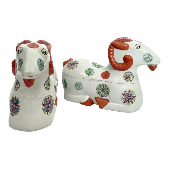 1930s Early Mid-Century Porcelain Staffordshire Style Asian Ram Box Figurines - a Pair For Sale