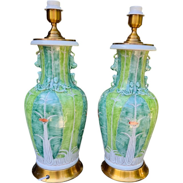 Bok Choy Famille Verte Porcelain Vase Form Lamps With Decorative