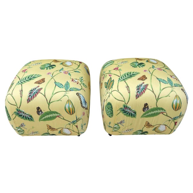 Vintage Newly Upholstered Ottomans in Thibaut “Lillian” Fabric – Coastal Palm Beach Style, Pair For Sale - Image 4 of 12