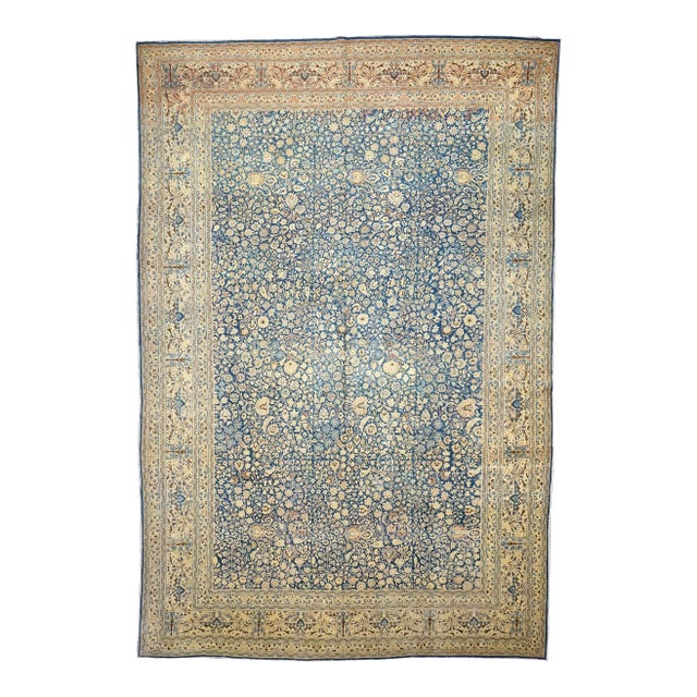 Antique Persian Tabriz Wool 12x18 Blue & Tan Handmade Area Rug #1141057 For Sale