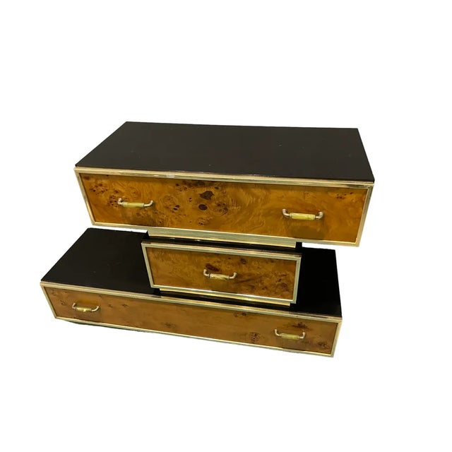 Modular Veneer Wood and Brass Trimmed Console Cabinet, 1950s, Set of 3 For Sale - Image 9 of 9