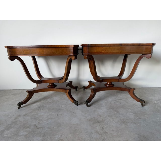 Wood Vintage Eclectic Mahogany Curule-Base Side Tables With Brass Inlay – Pair For Sale - Image 7 of 18