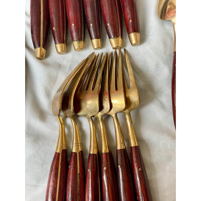 Brass Mid 20th Century Brass & Rosewood Flatware Set for 6 Knives Forks Spoons 24 PCS Silverware For Sale - Image 8 of 12