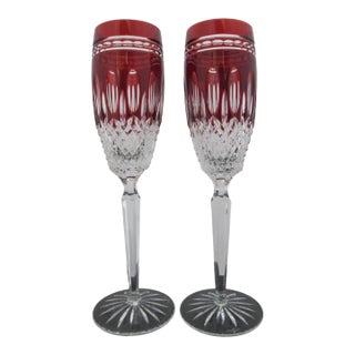 Waterford Crystal Clarendon Ruby Red Champagne Flutes 10" Pair For Sale