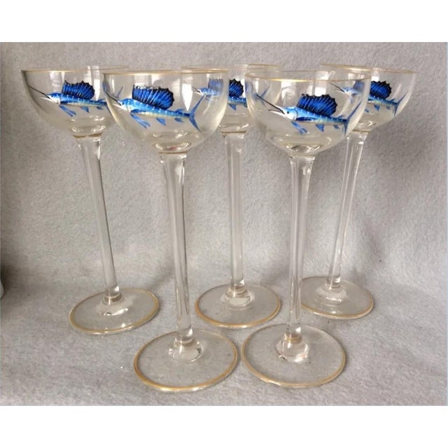 Antique Enameled Cordial Glasses With Swordfish Motif For Sale - Image 4 of 6