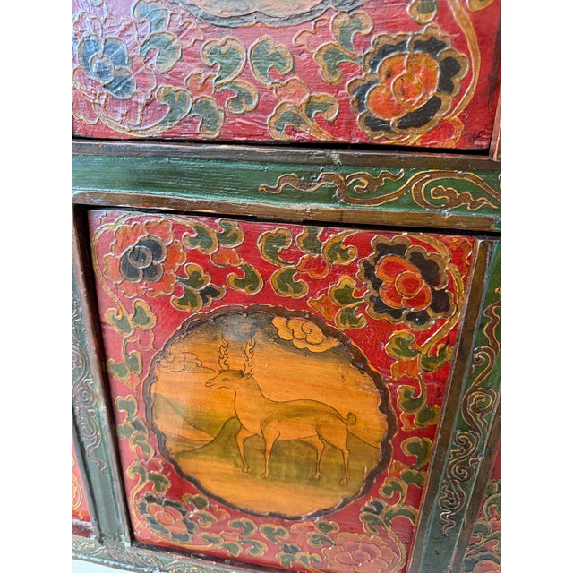 Vintage Tibetan Polychrome Painted Cabinet With Animal and Floral Panels For Sale - Image 10 of 12
