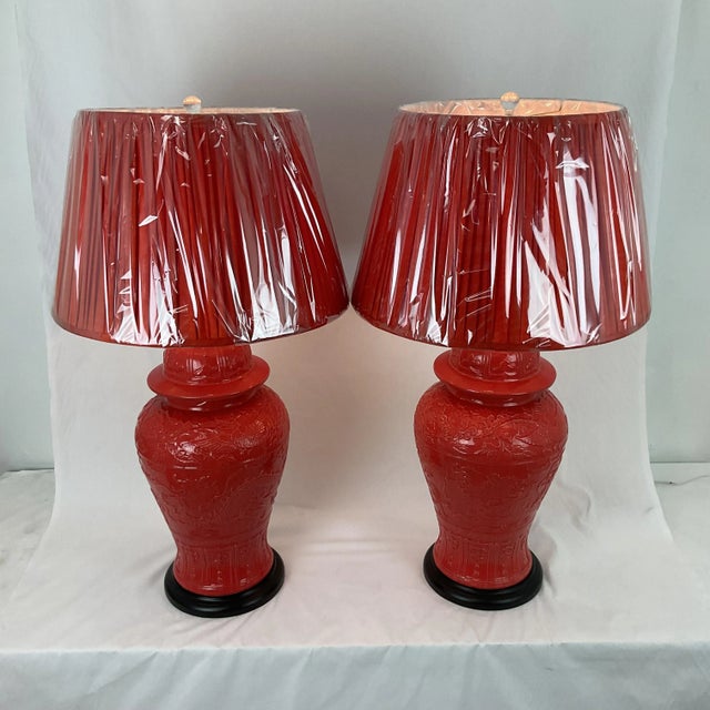 1960s Vintage Large Coral Porcelain Ginger Jar Lamps With Shades - a Pair For Sale - Image 10 of 12