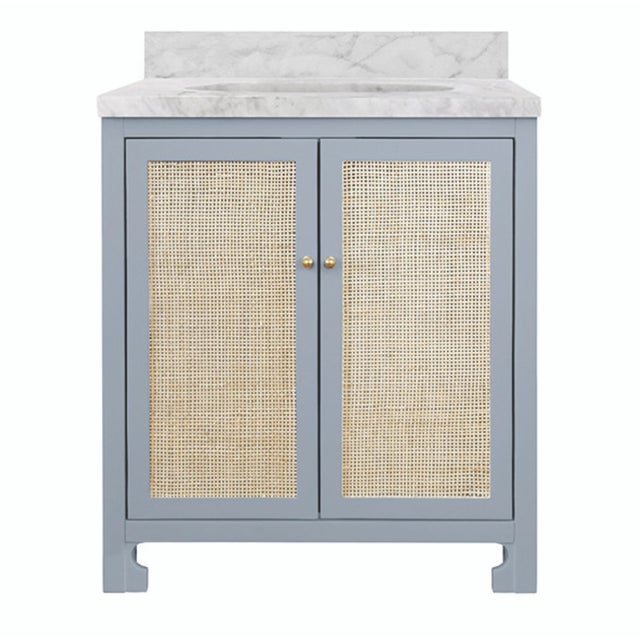 Wood Matthew Izzo Home Boyd Light Blue Matte Lacquer Single Porcelain Sink Bath Vanity With Carrara Marble Top & Backsplash, 2 Caned Doors, and Brass Knobs For Sale - Image 7 of 7