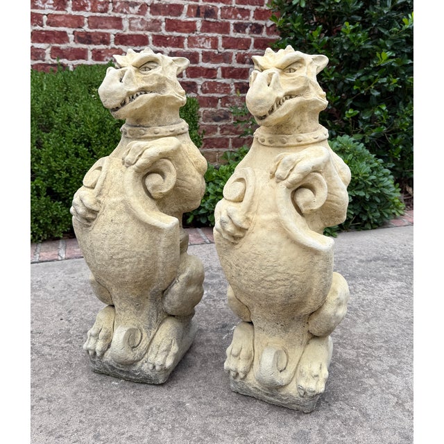 Vintage English Cast Stone Statues PAIR GARGOYLE Garden Figures Yard Decor Original aged patina sitting on a square base...