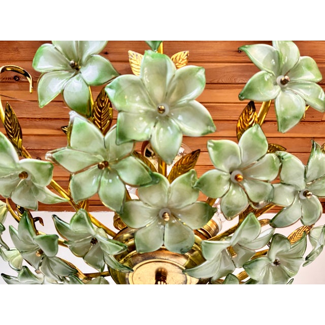 1980s 1970s Vintage Murano Style Hand-Painted Green Glass Floral Flush Mount Chandelier⁠ For Sale - Image 5 of 18