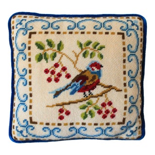 Vintage Embroidered Bird Accent Pillow For Sale