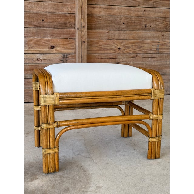 Brown Vintage Coastal Rattan Ottoman With Custom Sunbrella Cushion For Sale - Image 8 of 10