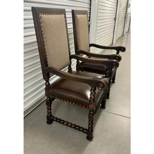 Brown 1960s Barley Twist Renaissance Revival Style Leather Arm Throne Chairs - Set of 2 For Sale - Image 8 of 12