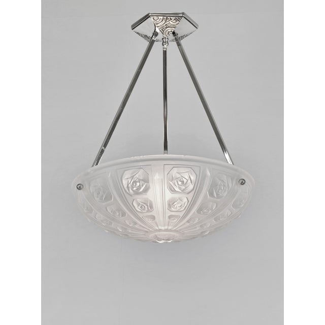 Gillen & SEVB A wonderful French art deco pendant light in nickel plated solid brass or bronze and clear frosted molded-...
