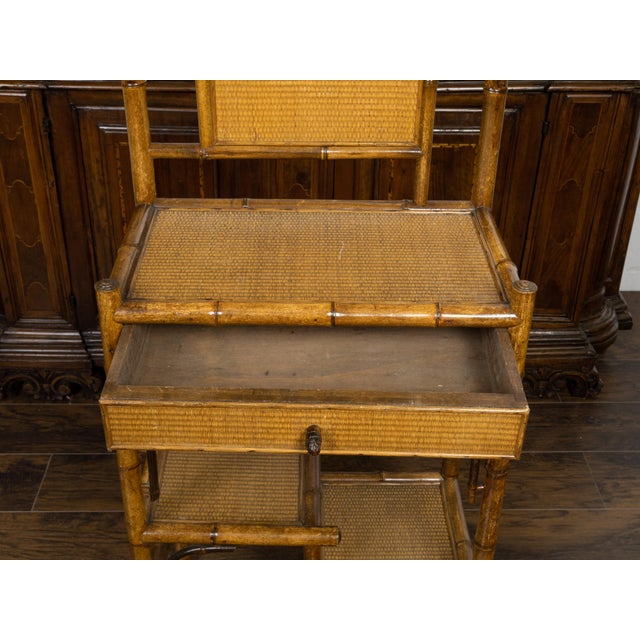 Brown English 1900s Bamboo Freestanding Shelf with Rattan Accents and Single Drawer For Sale - Image 8 of 9