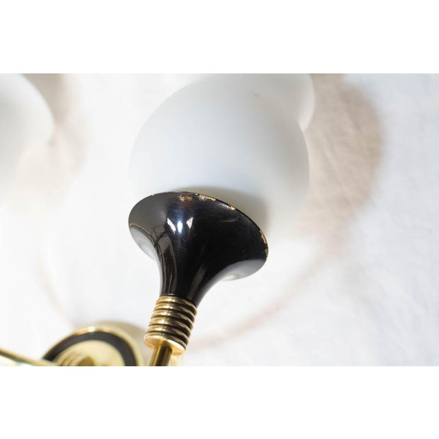 French Double Sconces in Brass and Black Metal with Opaline Glass Shades, 1960s, Set of 2 For Sale - Image 12 of 15