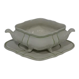 Vintage Small Oval White & Green Footed Italian Pottery Bowl With Matching Underplate- 2 Pieces